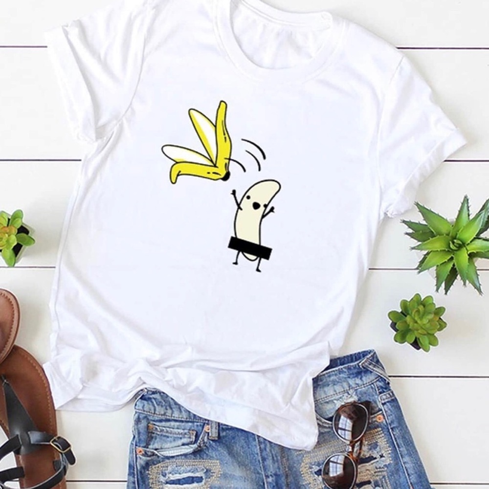 Banana Peel Cartoon Graphic Tee - White